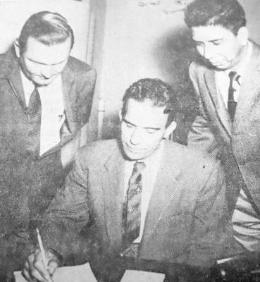 January 1958: NEW COUNCIL – Members of the newly-appointed Youth Development Council of Fort Stockton check over plans. From left are Fred Lynch, chairman Lee Hunter and George Pina. Named by district judge Jim Langdon, they will act as officers of the court in supervising probation of juveniles who have been adjudged delinquent.
