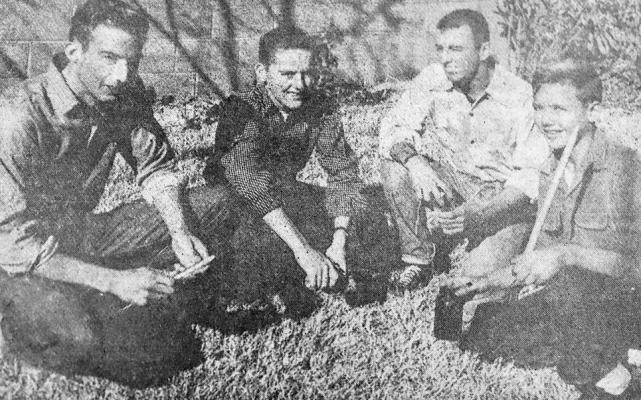 January 1958: ROCKETRY TALK – Four of the youthful Fort Stockton rocket enthusiasts compare notes on missile design and fuel use. From left are Bryant Wilson, 17; Richard Harral, 17; Jackie Simpson, 15, and Phil Duncan, 15. The quartet has set off several small rockets successfully and hopes to graduate to larger, more complex ones in the future.