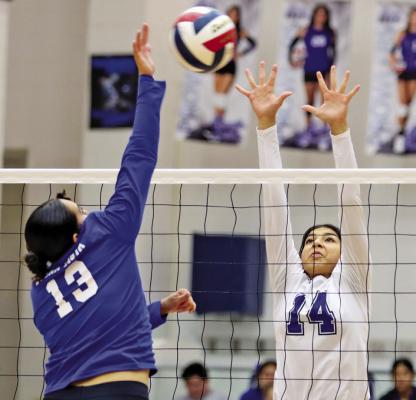 Fort Stockton’s Amaya Urias defends the net Friday against Imperial Buena Vista during the Comanche Classic at Fort Stockton High School. No. 13 is not listed on the available Buena Vista roster.