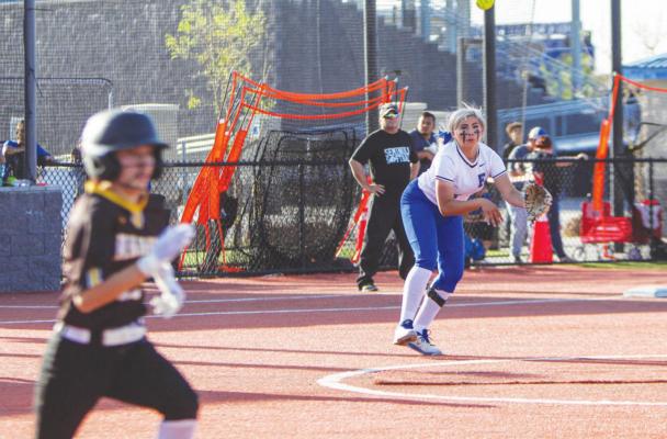 Fort Stockton third baseman Kayla Prieto throws out a Seminole batter on April 9 in a home contest. Photo by Nathan Heuer