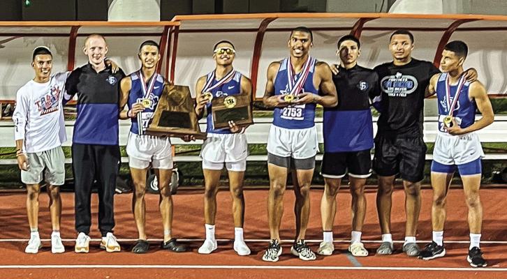 The Fort Stockton High School track team placed third overall at the meet. From left, Eduardo Hernandez, Kye Norman, Aryan Hernandez, Marco Garcia, Zane Hodges, Christian Soto, Isaiah Garcia, and Jesus Hernandez.