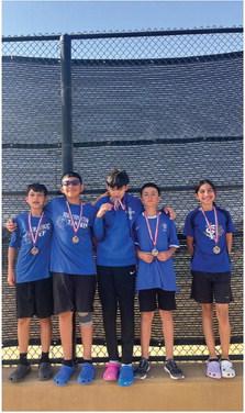 Members of the Fort Stockton Middle School’s tennis team recently competed at the District tournament and brought home a mixed doubles District Championship, a boy’s singles third-place medal, and a boy’s doubles third-place medal. Pictured are Jordan Caballero, Miguel Lujan, Jerick Bernal, Angel Marquez, and Raquelle Jimenez. Courtesy photo