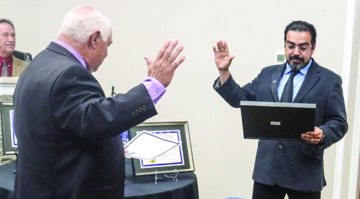 Fort Stockton city council member Ruben Falcon is sworn in for another term during the May 15 special city council meeting. Falcon ran unopposed. Pioneer photo by Shawn Yorks