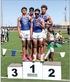 The Panthers’ 800 relay team stand atop the podium at West Texas A&amp;M University in Canyon following their victory on April 20. Back row, left to right: Aryan Hernandez, Isaiah Garcia. Front row: Marco Garcia, Eduardo Hernandez. Courtesy Photo