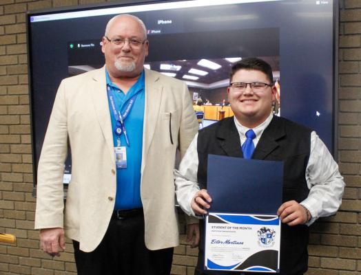 Ector Martinez was named Fort Stockton ISD High School Student of the Month for March at the district’s regular board meeting on March 27 at the administration building. Martinez was presented with the award by high school principal Ken Wallace. Photos by Nathan Heuer