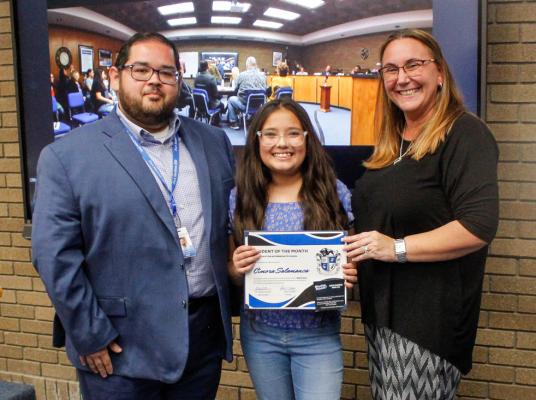 Cimora Salamanca was selected as the Intermediate Student of the Month for March. Salamanca was presented his award by intermediate principal Julian Castillo, left, and assistant principal Shannon O’Tierney.