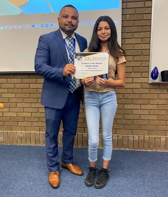Fort Stockton ISD Middle School Principal Sammy Soliz presented Natalee Jaimes with her Student of the Month certificate for August at Monday’s school board meeting at the district’s administrative office.