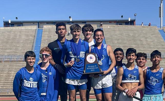 The Fort Stockton boys track team poses on the podium with their Division II runner-up trophy at San Angelo Stadium on March 26 after competition concluded at the San Angelo Relays. Courtesy Photo