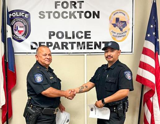 Fort Stockton native Ricardo Trejo, right, was officially announced as a new officer at the Fort Stockton Police Department by Police Chief Robert Lujan last week. Trejo, who recently graduated from the Police Academy, was one of two officers introduced to the Fort Stockton City Council at the group’s regular meeting on Sept. 26. Courtesy Photo