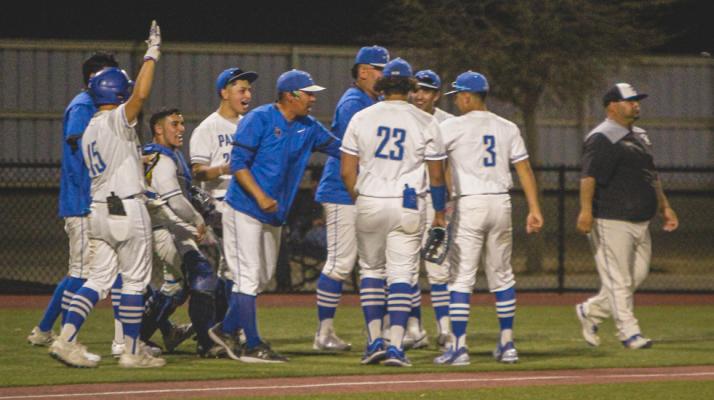 Fort Stockton celebrates following a shoutout inning during their home matchup against Presidio on March 7. Photo by Nathan Heuer
