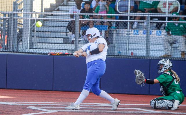 Adree Bueno smacks a single to left field in the second innings of the Prowlers senior night contest against Monahans on April 14. The game marked Bueno’s last home contest in a Prowler uniform. Photo by Nathan Heuer