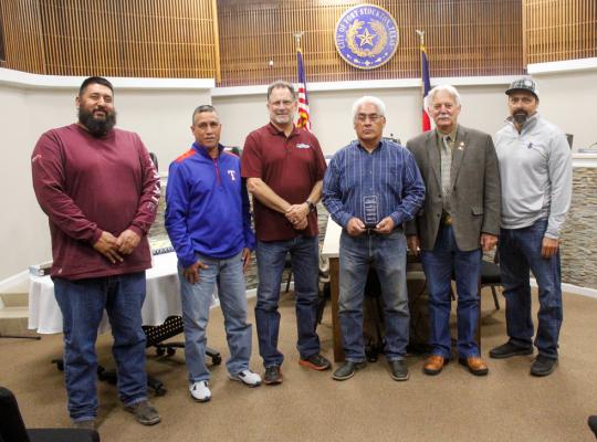 Longtime Fort Stockton Intergovernmental Recreation Board Member Santiago Cantu was honored by the rec board for extraordinary service and time served at the group’s regular meeting on Dec. 13. The meeting was Cantu’s last with the group and his last month with the county commissioners. Cantu served over 15 years on the board. See feature story in the Dec. 29 edition of the Pioneer. Pictured from left to right are rec board members: Elias Sanchez, Paul Casillas, Chris Alexander, Santiago Cantu, Joe Shuster,