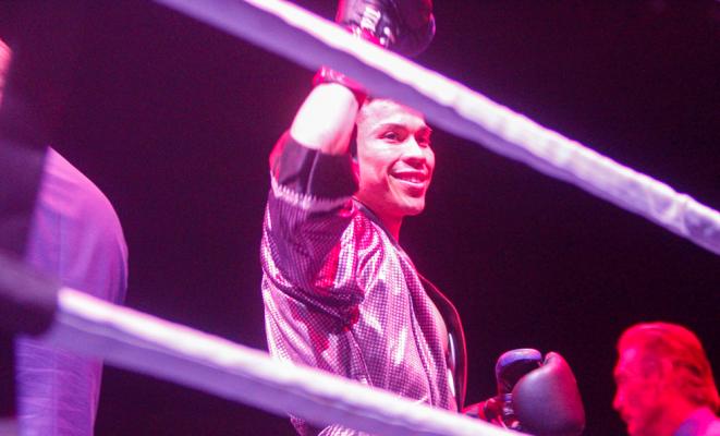 Abel Mendoza waves to the fans at the Rio Rancho Events Center following his entrance to the ring before his fight on Feb. 24 against Ernesto Guerrero. Photo by Nathan Heuer