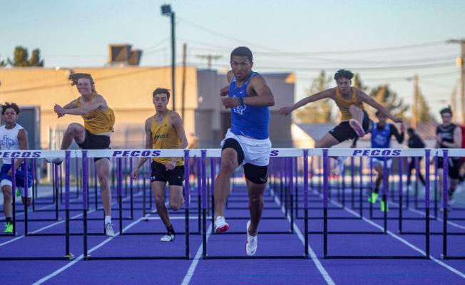 Zane Hodges wins the 110 hurdles at the West of the Pecos Relays on March 3. Photo by Nathan Heuer