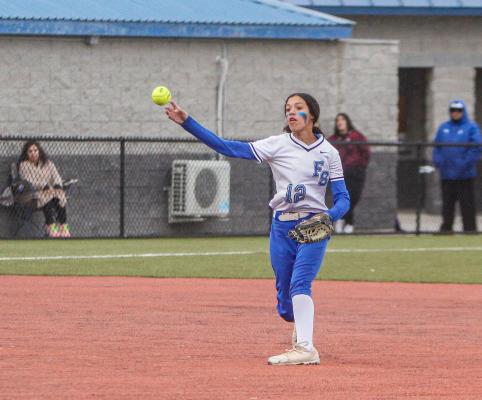 mya Vaughn hurls a throw for an out from her shortstop position during the Prowlers defeat to Pecos on March 17. Vaughn has 29 putouts and a .978 fielding percentage this season. Photo by Nathan Heuer