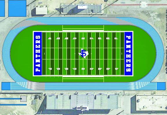 The Fort Stockton High School football field and track is scheduled to receive a complete makeover before the beginning of fall football camp. The new track will have an added eighth lane and will change from the color red to blue. The football field will have consist of matrix helix tuft, a material a majority of NFL teams have on their fields at stadiums across the country. Courtesy Photo