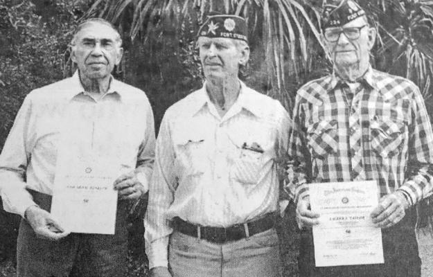 March 1998: 50-YEAR MEMBERS – Edward Winkler, left, and Talley S. Taylor were recently presented with certificates for 50 years of continuous membership in the American Legion. Making the presentation was Doyle Morgan, center, Post 234 Commander.