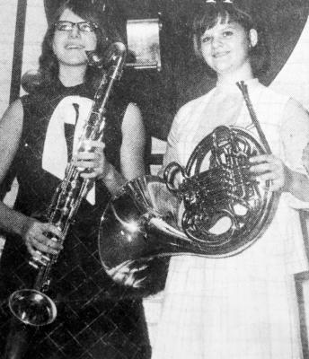 December 1969: TO AREA TRYOUTS – Sharon Goode, left, and Debbie Hartman earned a trip to the All-Region High School Band tryouts with their performance in the District 2-AAA tryouts in Odessa. Miss Goode was first chair bass clarinet and Miss Hartman was third chair French horn in the district. The Fort Stockton band earned 25 seats on the All-District Band.