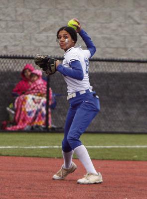 Dmya Vaughn hurls a throw for an out from her shortstop position during the Prowlers home contest against Andrews on March 28. Vaughn has 33 putouts and a .961 fielding percentage this season. Photo by Nathan Heuer