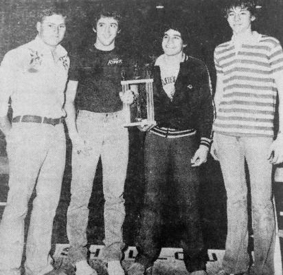February 1981: TROPHY TEAM – The Fort Stockton boys’ Blue Wave medley relay quartet, from left, Charlie Speegle, David Borden, Scott McClure and Terrell Jordan, upset a powerful Monahans team to win the first-place trophy for the event in a weekend swimming meet in the Green Machine pool in Monahans.