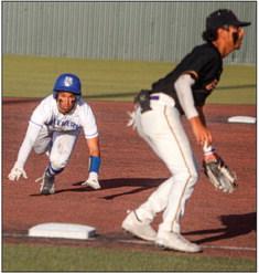 Fort Stockton senior Adrian Hernandez steals third base during the first inning of Tuesday’s game at home against Pecos. Photo by Nathan Heuer