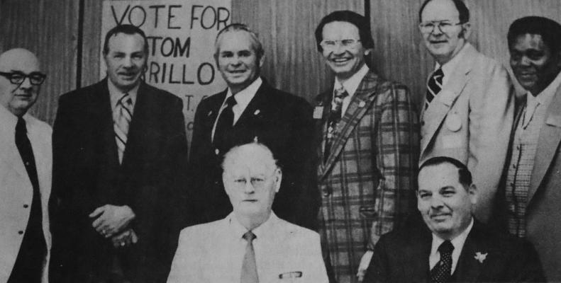 February 1978: LION BRASS – Officials of District 2-T-3 of Lions International were captured by the camera following the final banquet of the district’s mid-winter conference in Fort Stockton. Seated are the host presidents – Ed Cunningham (left), president of the Evening Lions Club, and Gilber Balch, president of the Noon Lions Club. Standing, from left, are T.C. Handley, deputy district governor of Region 4; Fred (Pete) Hickman, zone chairman of Zone 4A; District Governor Lamar Dyess of El Paso; past Inte