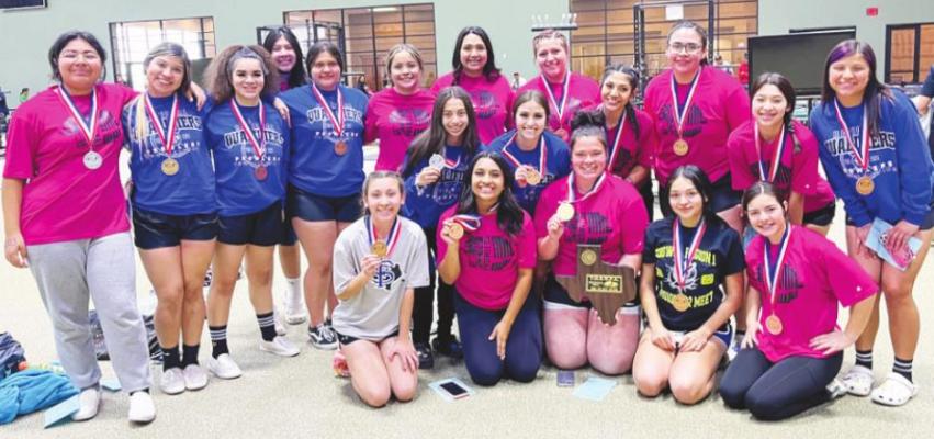 The Fort Stockton girl powerlifters are pictured with their bronze medals and plaque after finishing third as a team at their respective regional meet in Monahans. Eight lifters will represent the squad at state in just over a week. Courtesy Photo