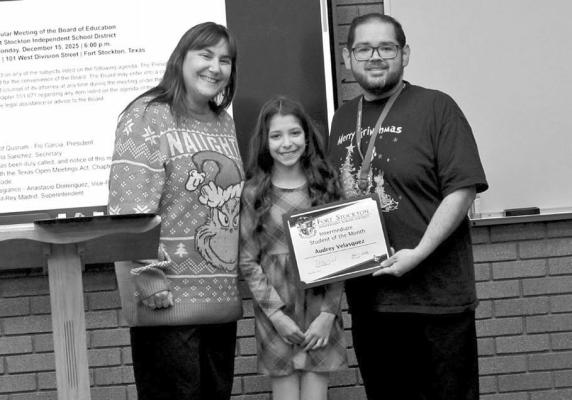 Audrey Velasquez was named the Fort Stockton Intermediate School’s Student of the Month for December at the recent FSISD school board meeting. Photo by Collette Barragan