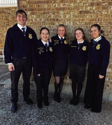 On November 23rd, Fort Stockton FFA kicked off Thanksgiving break with an early start at the Area II LDE Contests in Ira, Texas. Competing in area, this photo shows from left to right: Sawyer Downing, Karla Villanueva, Madison Hanson, Meagan Hanson, and Karen Villanueva.