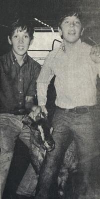 August 1973 - TOMMY SARGENT AND LESLIE HALL took blue ribbon in the wild goat race during the 4-H contests held at the rodeo arena Saturday. (Pioneer photo)