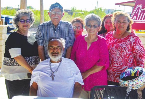 Fort Stockton native and marine vet Jaime Morales celebrated his 63rd birthday with his family outside of Triple R Welding located at 2215 W. Ninth St. in Fort Stockton. Pictured from left to right is Jaime’s sister, Rachel Morales, brother Juan Morales, sister Emelia Morales, mother sister Elida Morales, Photo by Nathan Heuer