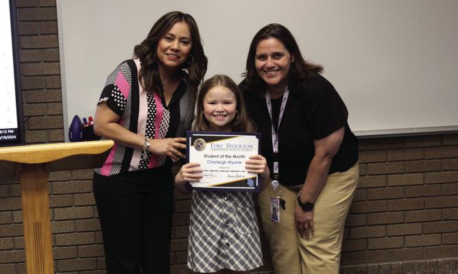 Charleigh Wynne was named Fort Stockton Alamo Elementary’s Student of the Month. Wynne is pictured here with Alamo Principal Karina Pacheco and Campus Curriculum Director Crystal Payne. Photo by Joh Covington
