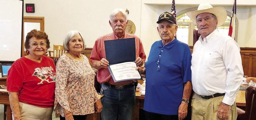 History Keepers - With Pecos County’s Judge, Joe Shuster, stand members of the Pecos County Historical Commission, who were awarded the Texas Historical Commission’s Distinguished Service Award at this month’s commissioners court meeting. Pictured from left to right, Gracie Aranda, Nan Esparza, Joe Shuster, Oscar Gonzalez, and Kirby Warnock. Photo by Joh Covington.
