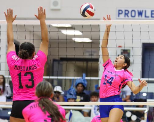 Fort Stockton junior Amaya Urias defends the net Saturday against Andrews.