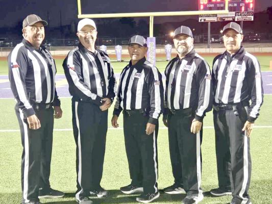 A Fort Stockton officiating crew wrapped up the final game of the regular season Friday night in Alpine. Pictured are EJ Almendarez, TJ Perkins, Jerome Chavez, Rudy Franco, and Paul Casias — representing more than 100 years of combined experience in West Texas high school football officiating. Courtesy Photo