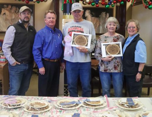 The winners of the 32nd Annual Pecan Show were announced Dec. 2. Classic and New Division (Other Varieties) Grand Champion was Jimmy Watts of Iraan. Watts was Reserve Grand Champion for Variety Seedling. Commercial Division Grand Champion (Western) was Lenora Watts of Iraan. Reserve Grand Champion (Pawnee) was Charles Slater. The Grand and Reserve Grand Champions advance to the regional pecan show. From left are Payton Kiefer, Pecos County State Bank President George Hansard, Jimmy Watts, Lenora Watts and E