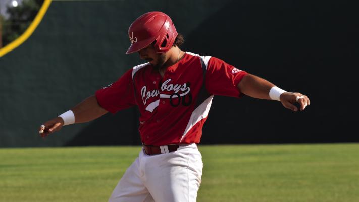 On Tuesday, June 10, the Cowboys edged the Blackwell Flycatchers 9-6 at Kokernot Field. Pictured here is Cowboy catcher, Jake Sisto. Photo by Julie Myers