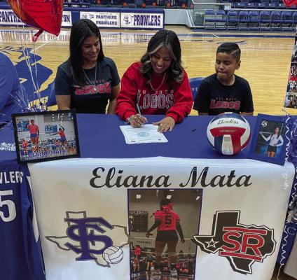 Eliana Mata, middle, signed a letter of intent to play volleyball at Sul Ross University on March 9 at the Special Events Center. Courtesy Photos of Fort Stockton ISD