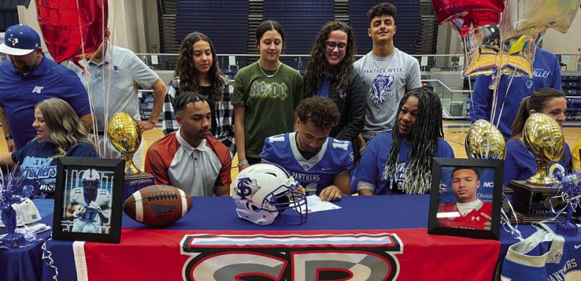 Isaiah Garcia, bottom middle, signed a letter of intent to play football at Sul Ross State University this upcoming fall. Garcia is pictured with his mother Yolanda Tucker, front right, and brother AJ Garcia, front left. Back row, left to right: cousin Sofia Garcia, cousin Mia Garcia, aunt Sandra Garcia, cousin Marco Garcia.