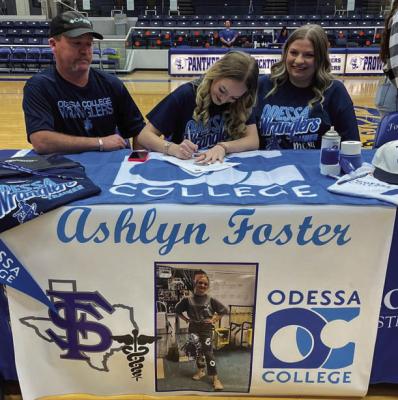 Ashlyn Foster, middle, signed with Odessa College to become an athletic trainer at the Special Events Center on March 9.