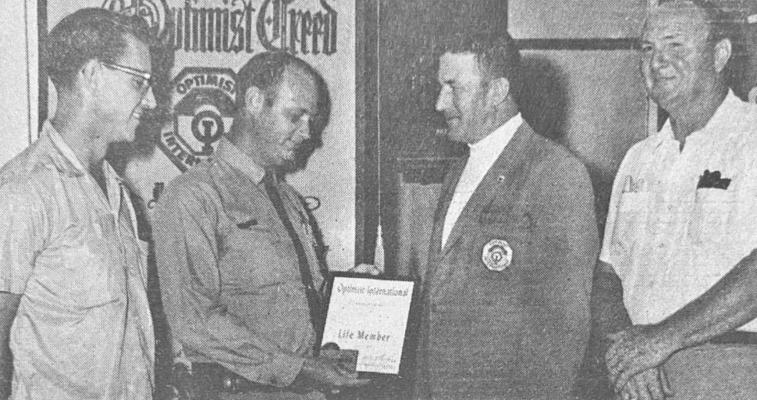July 1968 issue: OPTIMIST AWARDS – Three members of the Fort Stockton Optimist Club receive the congratulations of the zone lieutenant-governor, Wendell Taylor of Pecos, after being given awards at the annual club installation of officers Saturday night. Honored were, (L-R) Fred Roper, who was named Optimist of the Year; Charlie Barber, who received a life membership in Optimist International; Lieutenant-governor Taylor; and Pat Taylor, who received pins as a past president and previous life-member.