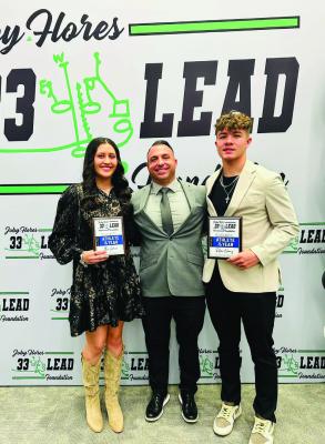 Mia Garcia and Rylan Nunez, were honored for their achievements both on and off the field at the Joby Flores 33 Lead Foundation Scholarship Banquet in Midland. Pictured here with Athletic Director Jeremy Hickman.