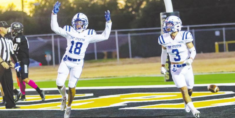 Fort Stockton senior Daniel Palacios (18) celebrates Devon Rodriguez’s (3) spectacular touchdown catch in the first quarter of Friday’s game. Photos by Jessica Rodriguez