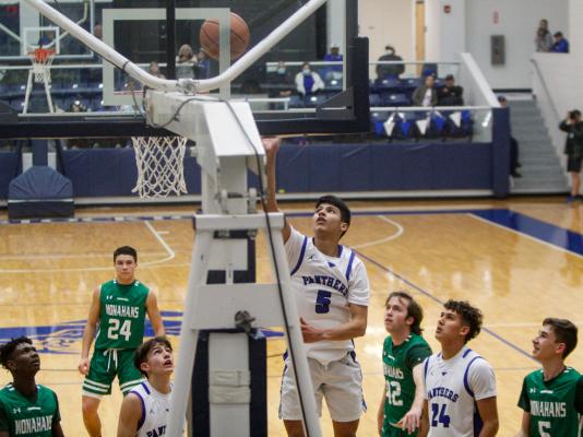 Panther Sophomore Aryan Hernandez (5) elevates for a two-point bucket on Jan. 25 against Monahans. Photo by Nathan Heuer