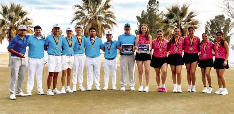 Members of the Fort Stockton Panthers and Prowlers varsity golf teams pose with their runner-up plaques following the Pecos Tournament earlier this season. Both programs continue to build momentum heading into the heart of the spring schedule. Courtesy Photo