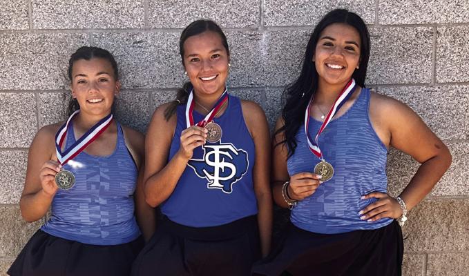 Athena Gomez, Adison Fowler, Jaslyn Pacheco show off their metals.