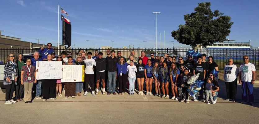 ON TRACK - Family members, friends, coaches, teachers, and supporters gathered Wednesday morning to send Fort Stockton senior Eduardo Hernandez off to the UIL State Track and Field Meet in Austin. On Thursday evening, the community watched Hernandez compete on the Panther Stadium jumbotron during the FSHS Senior Sunset celebration. Photo by Reba Subia, FSISD