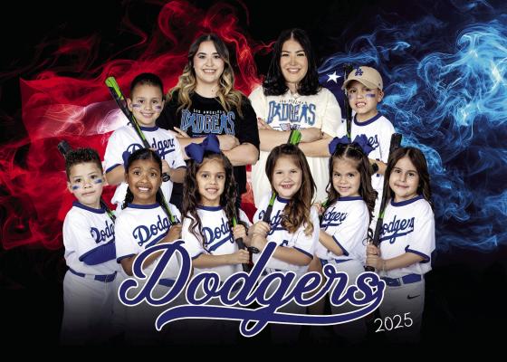 Coaches Gabby and Vanessa pictured with their mighty tee ball team, the Dodgers. Courtesy Photo