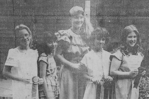 June 1984-4-H Fashion Show - First division winners in the 4-H Fashion Show model their clothing projects made during the year. Pictured(l-r) are Shannlea Grubb of Fort Stockton; Margie Singh of Fort Stockton; Shair Gunn of Sheffield; Sharla Vaughn, Sheffield; and Cee Cee Gibson of Fort Stockton. Jane E. Woodward served as commenter for the show, held at the Annie Riggs Memorial Museum on June 2. (Pioneer Photo)