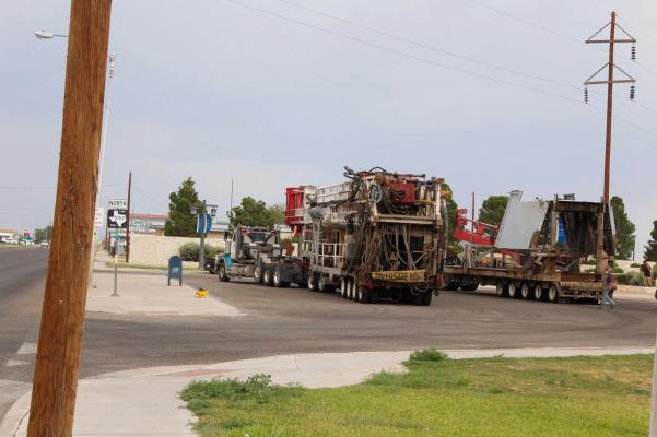 Vehicle hauling oversized load that damaged a stoplight at the intersection of Dickinson Boulevard and Main Street in Fort Stockton.